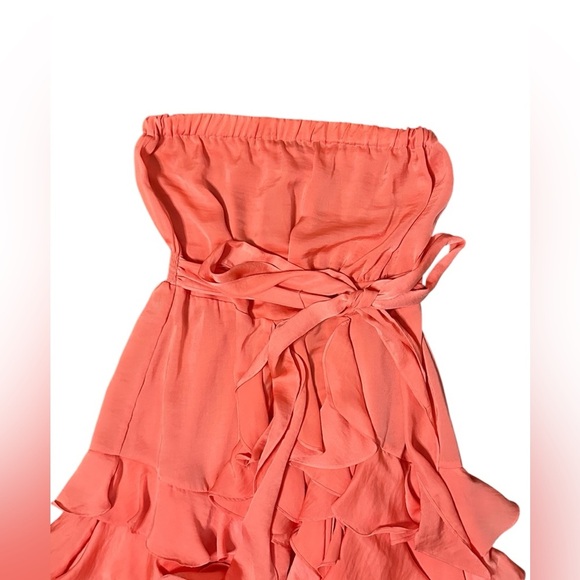 Rebecca Taylor Cha Cha Ruffle Tiered Strapless Sash Tie Coral Satin Dress 4 - Picture 2 of 6